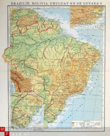 oud landkaartje Brazilie, Bolivia, Uruquay - nr. 1