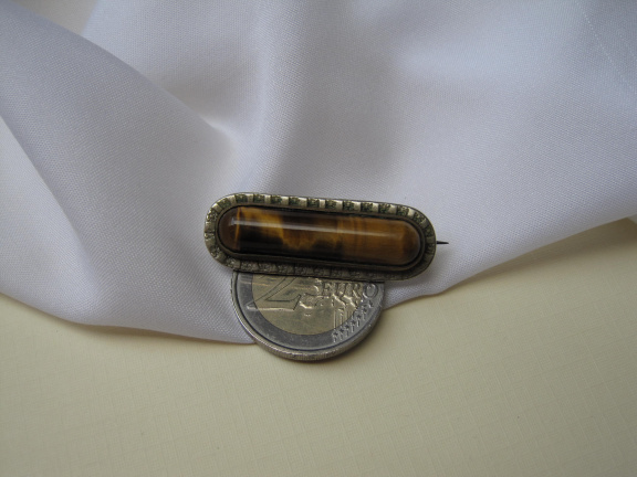 Zilveren broche antiek met lange tijgeroog edelsteen 3.8x1.3 cm - Afbeelding 4