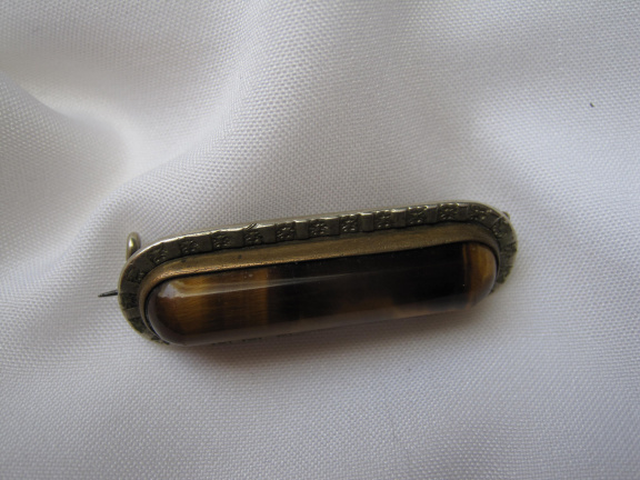 Zilveren broche antiek met lange tijgeroog edelsteen 3.8x1.3 cm - Afbeelding 5