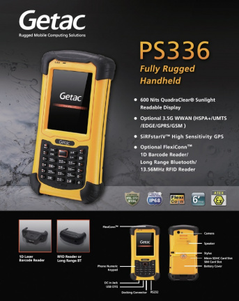 Getac PS336 Premium USB RS232 BT WLAN 3G HSPA+ alfa GPS USB EN P1A6BWD1YBXX Fully Rugged Handheld