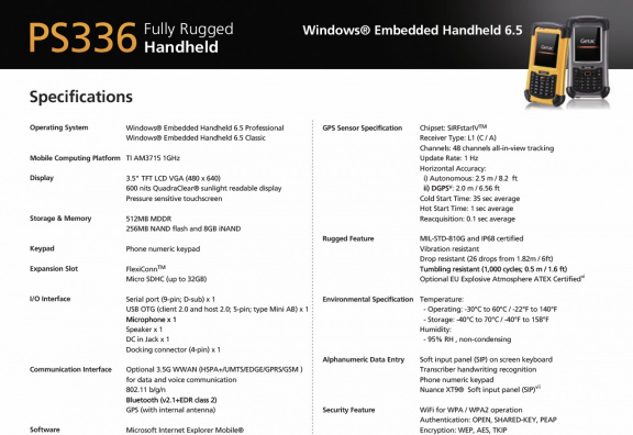 Fully Rugged Handheld Getac PS336 Premium USB RS232 BT WLAN 3G HSPA+ alfa GPS RFID geel DE P1A6BWD4Y