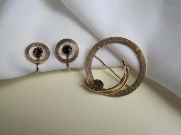 Set van Dell broche en oorbellen verguld 12kGF cognackleurige kristal rijnsteen - nr. 1