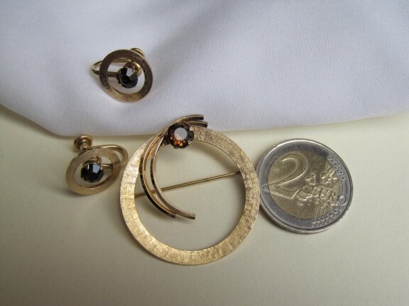 Set van Dell broche en oorbellen verguld 12kGF cognackleurige kristal rijnsteen - Afbeelding 2