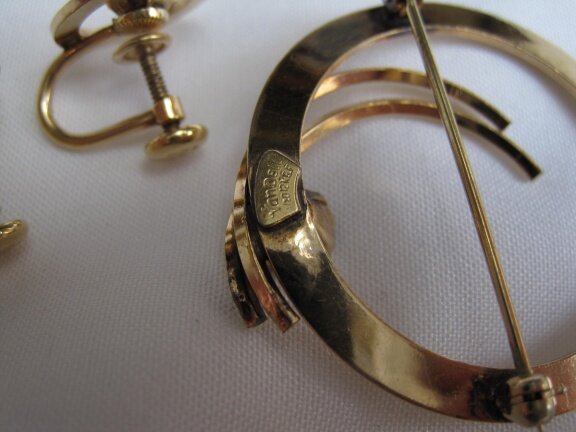 Set van Dell broche en oorbellen verguld 12kGF cognackleurige kristal rijnsteen - Afbeelding 7