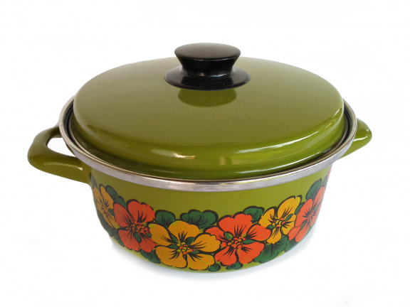 vintage groene pan met bloemmotieven