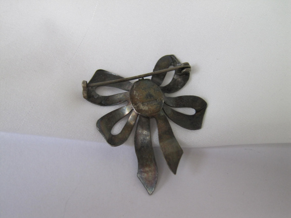 Zilveren broche antiek Art Deco strikmodel met rood/roze ster saffier 3.4x4.2 cm - Afbeelding 6