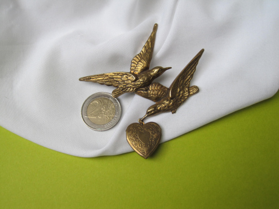 Broche medaillon antiek hart aan vogels 7.6x8.8 cm - Afbeelding 8