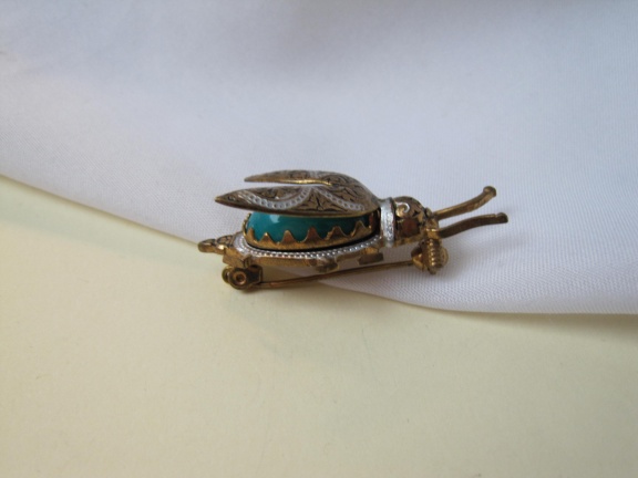 Broche antieke damascener vlieg kever met turquoise blauwe glassteen 3.8x1.6 cm - Afbeelding 3