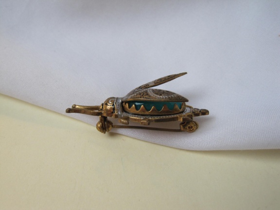 Broche antieke damascener vlieg kever met turquoise blauwe glassteen 3.8x1.6 cm - Afbeelding 6