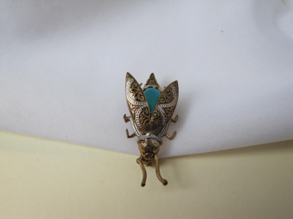 Broche antieke damascener vlieg kever met turquoise blauwe glassteen 3.8x1.6 cm - Afbeelding 7