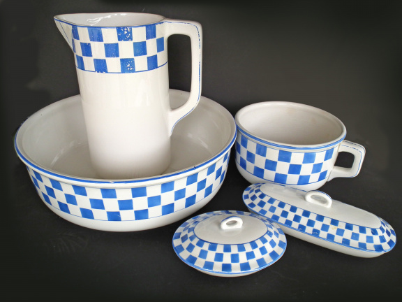 Brocante badkamer set blauw wit geblokt