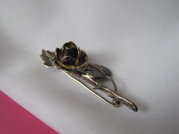 Zilveren broche antiek roos bloem met doornen 4.4x2.0 cm. - Afbeelding 2
