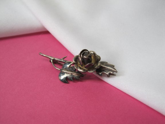 Zilveren broche antiek roos bloem met doornen 4.4x2.0 cm. - Afbeelding 3