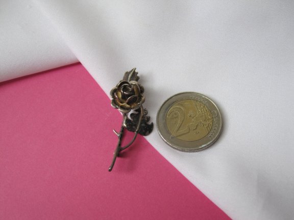 Zilveren broche antiek roos bloem met doornen 4.4x2.0 cm. - Afbeelding 4