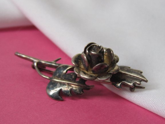 Zilveren broche antiek roos bloem met doornen 4.4x2.0 cm. - Afbeelding 5