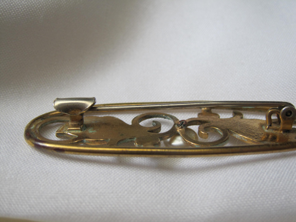 Broche antiek Art Nouveau goudkleurig verguld met kraal cabochon 5.3x1.6 cm - Afbeelding 3