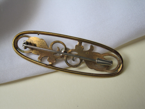 Broche antiek Art Nouveau goudkleurig verguld met kraal cabochon 5.3x1.6 cm - Afbeelding 4
