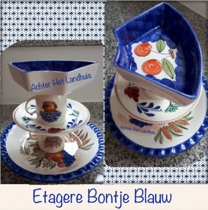 Etagere 3 laags van serviesdelen/serviesgoed gemaakt "By Cornelia" Boerenbont en Blauw