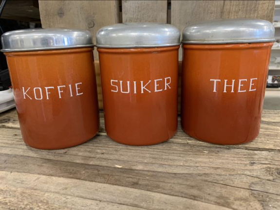 Vintage emaille koffie thee suiker bussen oranje - nr. 1