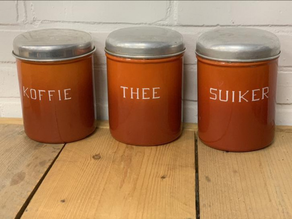 Vintage emaille koffie thee suiker bussen oranje - Afbeelding 2