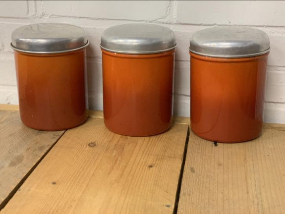 Vintage emaille koffie thee suiker bussen oranje - Afbeelding 3