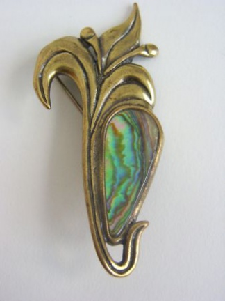 Oude koperen broche met parelmoer - Afbeelding 2