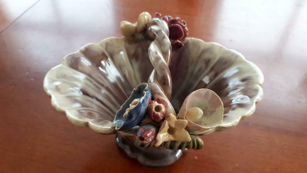 Brocant Bonbon mandje-Bonbonnière, bruin porcelein met roosjes en bloemen - Afbeelding 2