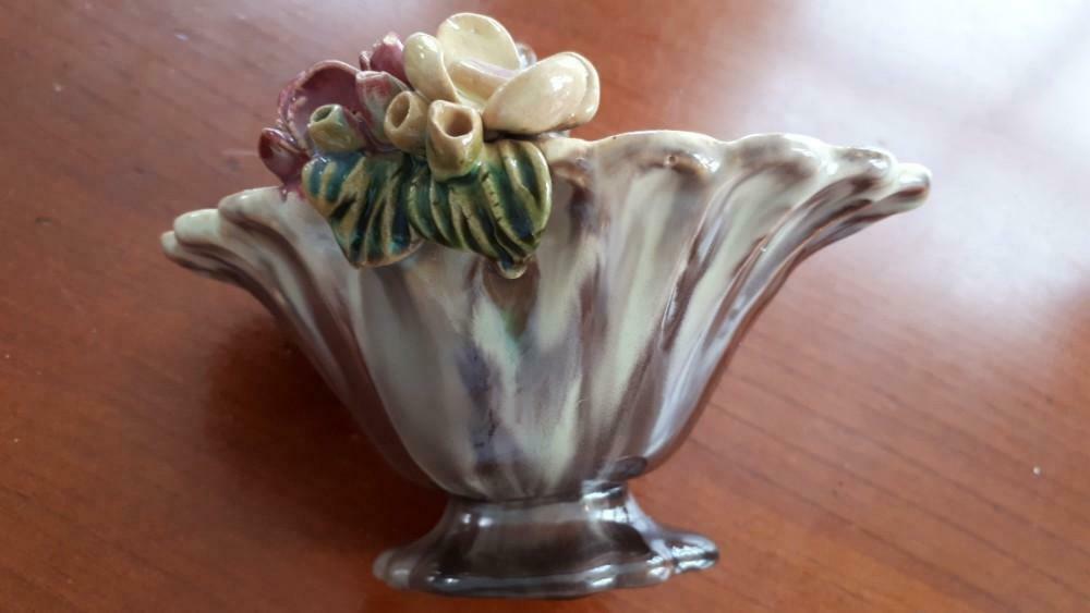Brocant Bonbon mandje-Bonbonnière, bruin porcelein met roosjes en bloemen - Afbeelding 3