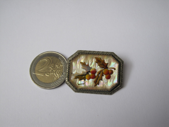 Broche antiek zilverkleurig besjes takjes op parelmoer achter glas venster 3.5x2.6 cm. - Afbeelding 3