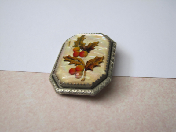 Broche antiek zilverkleurig besjes takjes op parelmoer achter glas venster 3.5x2.6 cm. - Afbeelding 4