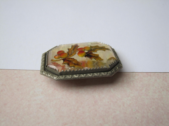 Broche antiek zilverkleurig besjes takjes op parelmoer achter glas venster 3.5x2.6 cm. - Afbeelding 5