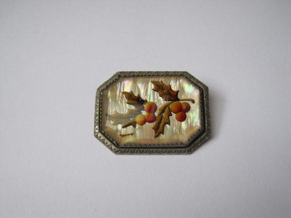 Broche antiek zilverkleurig besjes takjes op parelmoer achter glas venster 3.5x2.6 cm. - Afbeelding 6