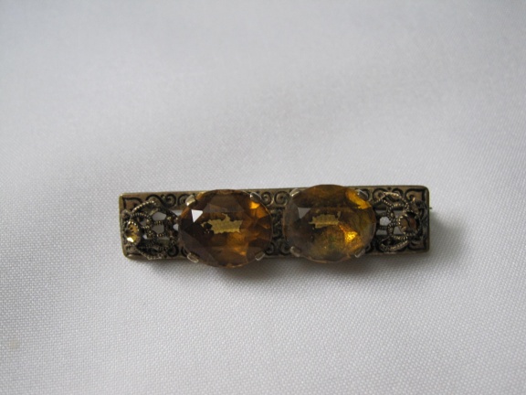 Broche antiek Tsjechisch filigrain met amberkleurige glasstenen 4.2x0.9 cm - Afbeelding 3