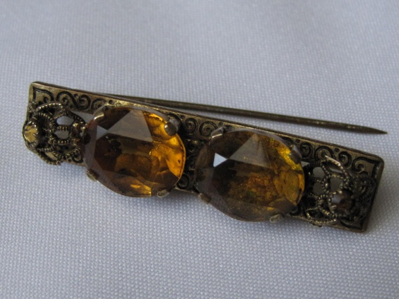 Broche antiek Tsjechisch filigrain met amberkleurige glasstenen 4.2x0.9 cm - Afbeelding 5