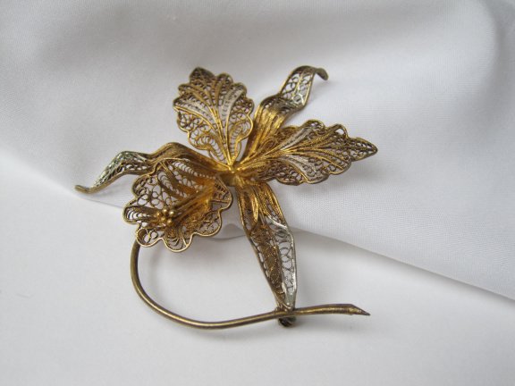 Zilveren vergulde broche antieke filigrain orchidee bloem 7.0x6.4 cm - Afbeelding 3