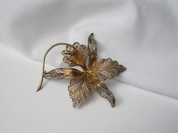 Zilveren vergulde broche antieke filigrain orchidee bloem 7.0x6.4 cm - Afbeelding 4