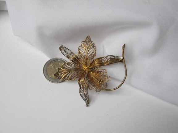 Zilveren vergulde broche antieke filigrain orchidee bloem 7.0x6.4 cm - Afbeelding 5