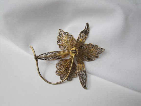 Zilveren vergulde broche antieke filigrain orchidee bloem 7.0x6.4 cm - Afbeelding 6