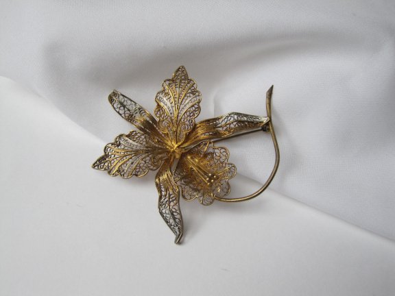 Zilveren vergulde broche antieke filigrain orchidee bloem 7.0x6.4 cm - Afbeelding 7