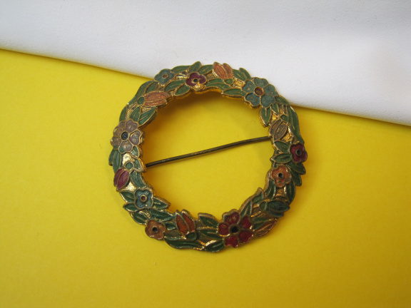 Broche antiek Art Deco goudkleurig cirkel model bloemen 5.0x5.0cm - nr. 1