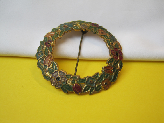 Broche antiek Art Deco goudkleurig cirkel model bloemen 5.0x5.0cm - Afbeelding 2