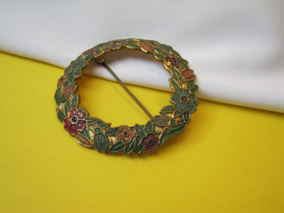 Broche antiek Art Deco goudkleurig cirkel model bloemen 5.0x5.0cm - Afbeelding 4