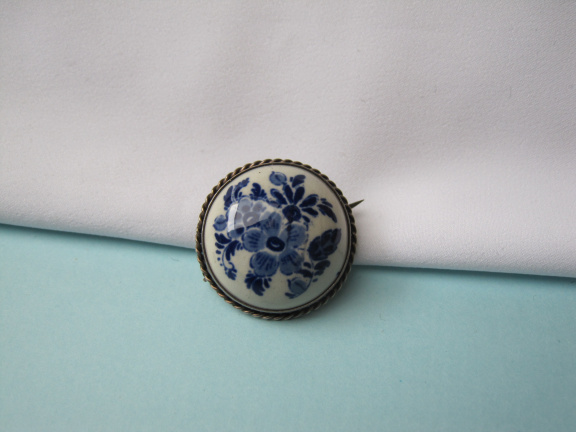 Zilveren broche antiek Delfts blauwe porselein 2.2x2.2 cm - nr. 1