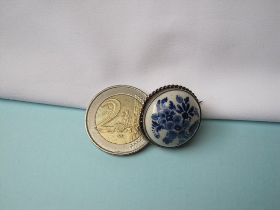Zilveren broche antiek Delfts blauwe porselein 2.2x2.2 cm - Afbeelding 2