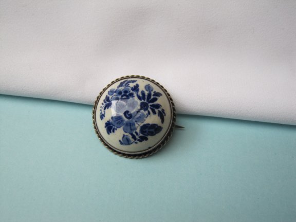 Zilveren broche antiek Delfts blauwe porselein 2.2x2.2 cm - Afbeelding 4