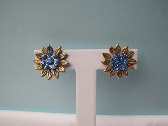 Broche oorbellen set goudkleurig bloem model met blauwe kristal rijnstenen 3.0 cm 2.3 cm - Afbeelding 7