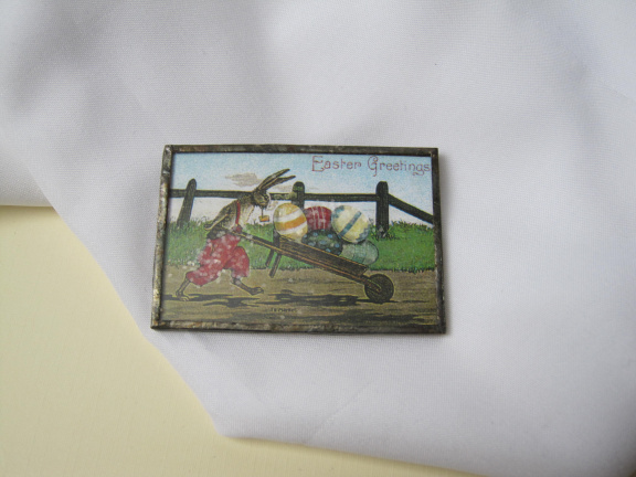 Broche Pasen Easter Greetings konijn naar de markt met eieren 5.7x3.9 cm - nr. 1