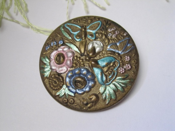 Broche bronskleurig met emaille vlinders op bloemen 4.5 cm - Afbeelding 3