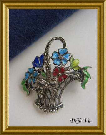 Oude zilveren broche : bloemenmandje - nr. 1