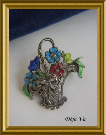 Oude zilveren broche : bloemenmandje - Afbeelding 2